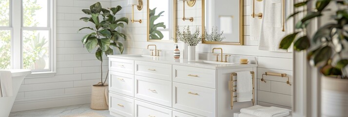 Wall Mural - Updated Bathroom Interior with Contemporary Features featuring a sleek design and stylish elements including a white vanity and elegant gold-framed mirrors.