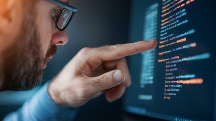 A man is pointing at a computer screen with a lot of code on it