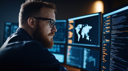 A man with glasses is looking at a computer screen with four monitors