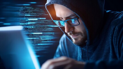 A man is typing on a laptop with a blue screen behind him