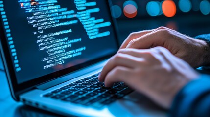 A person is typing on a laptop computer with a blue screen