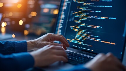 A person is typing on a laptop computer with a blue screen