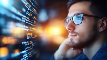 A man wearing glasses is looking at a computer screen with a lot of code on it