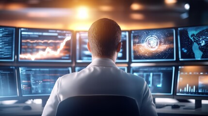 Wall Mural - A man is sitting in front of a computer monitor with multiple screens