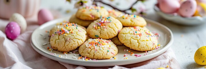 Poster - Lemon Cookies Topped with White Chocolate and Festive Sprinkles on a Ceramic Plate