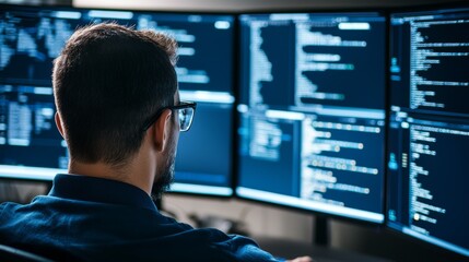 A man is sitting in front of a computer monitor with four screens
