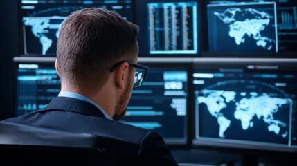 A man in a suit is sitting in front of a computer monitor with a map of the world