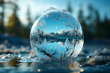 Wall Mural - a globe made of ice beginning to melt on a sunny day. concept of global warming. generative ai.