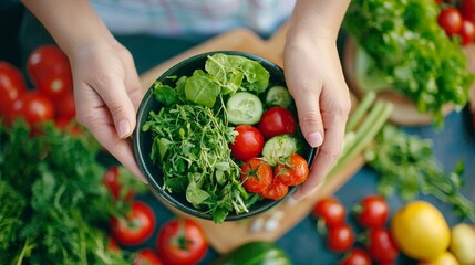 A person is holding a bowl of salad with a variety of vegetables including tomat