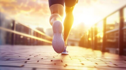 Wall Mural - A person running on a brick walkway with the sun shining on their feet