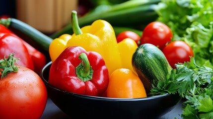 A bowl of vegetables including tomatoes, peppers, and cucumbers