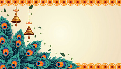 Wall Mural - Minimalist Krishna Janmashtami background with divine peacock feathers and temple bells