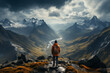 © Sebastian - A solitary figure standing on a mountain peak, gazing at the expansive landscape below. Concept of self-discovery and contemplation. Generative Ai.