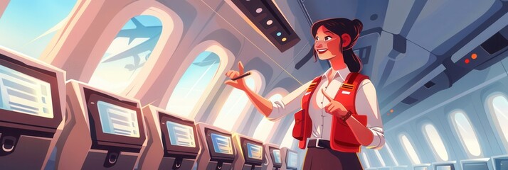 Aufkleber - A flight attendant smiles and assists passengers while standing in an airplane cabin filled with advanced entertainment screens. Generative AI