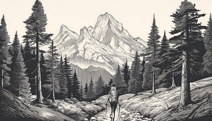 Mountain Hike Through Pine Forest - An old engraving-style illustration of a hiker walking through a dense forest of tall pine trees and mountains. Graphic art illustration monochrome