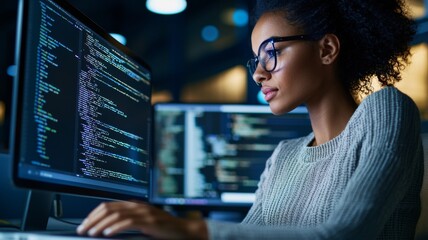 A woman is working on a computer with a monitor displaying code