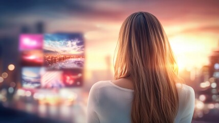 Canvas Print - A woman with long brown hair is looking at a computer screen with a city view