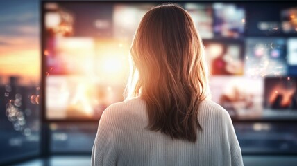 Wall Mural - A woman is looking at a television screen with many different images on it