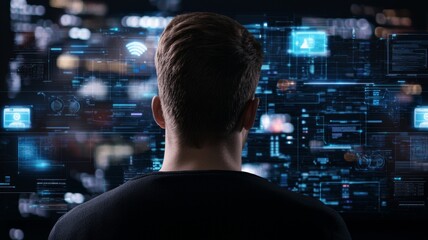 A man is looking at a computer screen with a lot of blue and white graphics