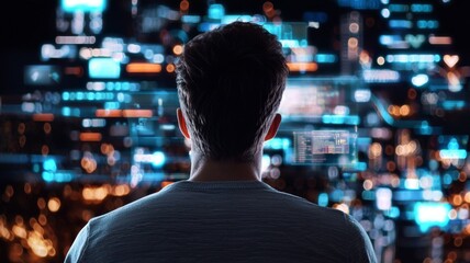 Poster - A man is looking at a computer screen with a blurry background