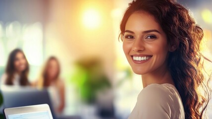 Wall Mural - A woman with long hair is smiling and holding a laptop