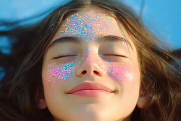 Sticker - Close up of a woman with colorful glitter on her face basking in the warm sunlight embodying a sense of freedom joy and artistic expression in a vibrant and playful setting