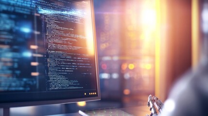 A computer monitor displays a code on the screen