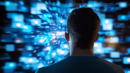 Canvas Print - A man is looking at a computer screen with a blue background