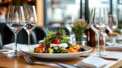 Nourishing Health and Wellness Menu: Elegant Gluten-Free, Vegan, and Low-Calorie Dish in Urban Restaurant Ambience