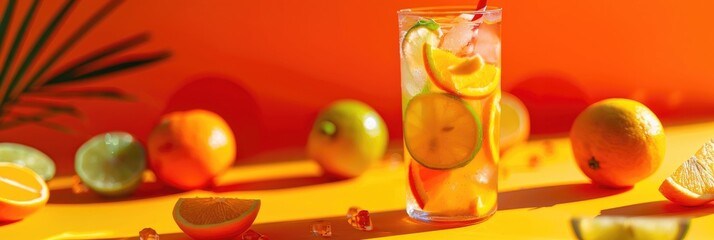 Sticker - Refreshing Fruit Cocktail in a Glass with Straws, Featuring Oranges, Lemons, and Limes on a Vibrant Surface