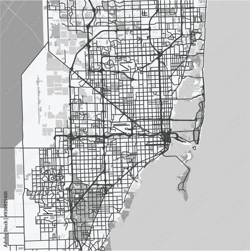 Map of Miami in Florida in grayscale. Contains layered vector with ...