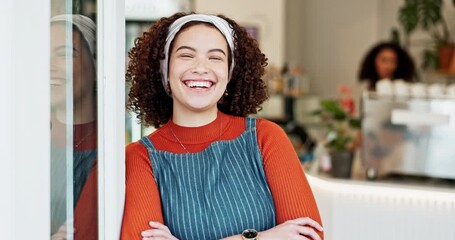 Wall Mural - Arms crossed, friendly and smile with coffee shop waitress in doorway for hospitality or welcome. Cafe, confident and portrait of happy barista woman in restaurant for small business or startup