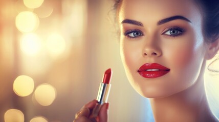 Wall Mural - A woman is holding a red lipstick in her hand