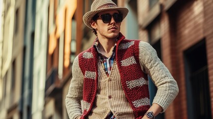 Trendy Crochet Fashion for Men: Stylish Man in Crochet Vest & Hat with Urban Theme