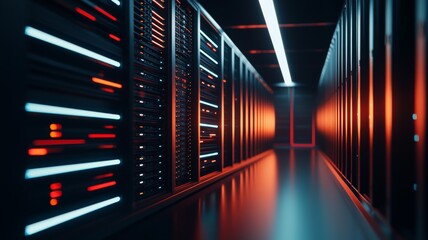 Canvas Print - A computer server room with a red and blue light effect