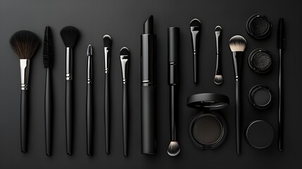 Wall Mural - A collection of black makeup brushes and cosmetics arranged on a dark surface.