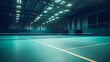 © kinara art design - A dimly lit indoor tennis court with a net and smooth flooring.