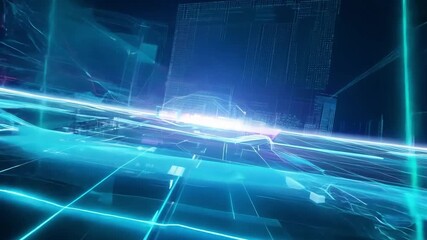 Wall Mural - Glowing grid and lights in futuristic digital cityscape