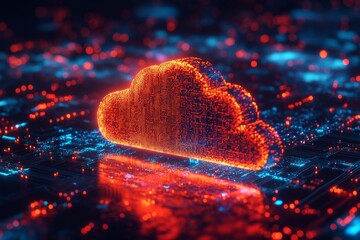 Sticker - Glowing orange cloud in a digital landscape representing the vibrant energy and dynamic possibilities of cloud computing in the modern era