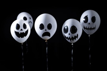 Decorative balloons with Halloween-themed faces against a dark background, creating a spooky atmosphere for fall festivities. Generative AI