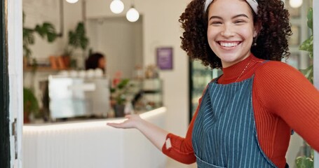 Wall Mural - Open, smile and welcome with coffee shop waitress in doorway or entrance for hospitality. Cafe, friendly and portrait of confident or happy barista woman in restaurant for small business or startup