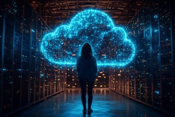 Sticker - Person standing before a glowing digital cloud symbolizing the convergence of human intelligence and cloud technology in the modern era