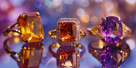 Three exquisite rings one with a radiant amber gem and the others adorned with colorful rectangular stones displayed beautifully on a reflective lavender surface