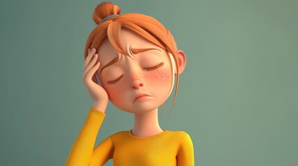 Wall Mural - 3D cartoon girl with a headache pressing her hand to her forehead