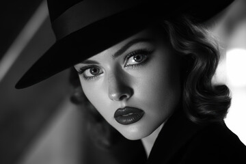 Wall Mural - Woman wearing a hat characterized as a classic detective or gangster look. Femme fatale. Noir film.