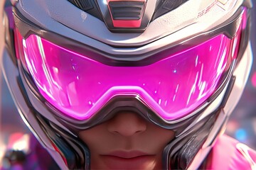 Close up of a futuristic helmet with a reflective pink visor symbolizing the advanced technology and cutting edge design in a modern digital environment