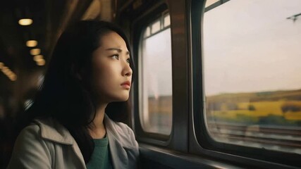 Canvas Print - Asian woman riding on a train sad face