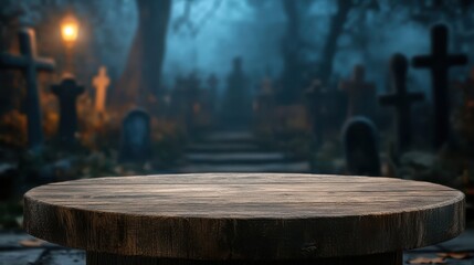 A wooden table in a foggy graveyard at dusk, surrounded by ancient gravestones and eerie lighting under a dark sky. Generative AI