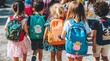 © B-Ast-BRT - Back to school concept, happy group of children walking to school. Young girls & boys with backpacks & rucksacks. Inclusive positive education banner
