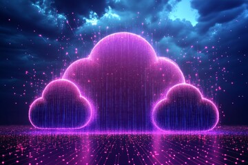 Sticker - Glowing purple and pink cloud in a digital world representing the creative and limitless possibilities of cloud computing technology in modern infrastructures